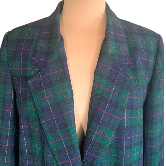 Vintage 90s Petite Green Navy Blue Plaid Wool Blazer Jacket Gold Buttons Preppy - Picture 2 of 11